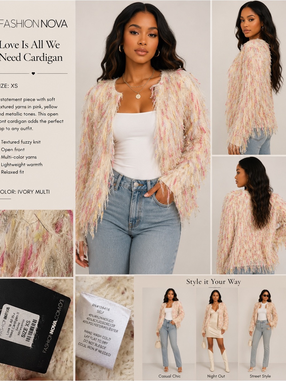 Fashion Nova XS Shaggy Fringe Jacket Pink Yellow White Textured Statement